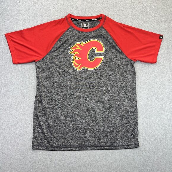 Fanatics Calgary Flames Mens XL Grey Red Athletic Wicking Stretch NHL TShirt - Picture 2 of 9
